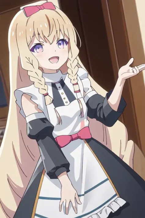 best quality, masterpiece, highres, solo, {maid:1.40}, {long maid dress:1.15}, {noire_foschurose_kumakumakumabear:1.15}, blonde_hair, long_hair, braid, bow, hair_bow, bangs, twin_braids, purple_eyes, smile, blush, open_mouth