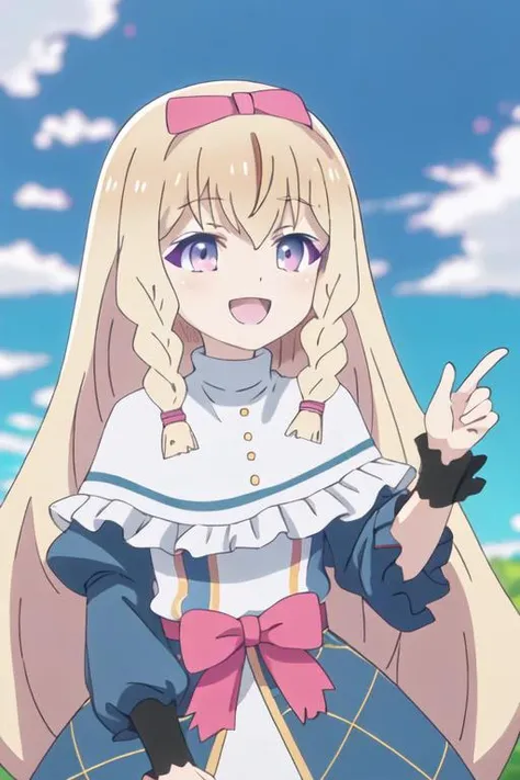 best quality, masterpiece, highres, solo, {noire_foschurose_kumakumakumabear:1.15}, blonde_hair, long_hair, braid, bow, hair_bow, bangs, twin_braids, purple_eyes, smile, blush, open_mouth, 1girl, :d, cloud, day, hair_between_eyes, outdoors, portrait, sky, white_capelet, blue_sky, blurry, blurry_background, capelet, parody, anime_coloring, looking_at_viewer, side_braids