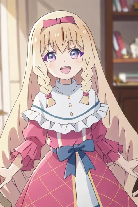 best quality, masterpiece, highres, solo, {noire_foschurose_kumakumakumabear:1.15}, blonde_hair, long_hair, braid, bow, hair_bow, bangs, twin_braids, purple_eyes, smile, blush, open_mouth, 1girl, closed_mouth, looking_at_viewer, red_bow, blurry, blurry_background, blue_eyes, holding
