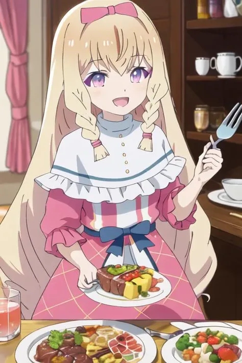 best quality, masterpiece, highres, solo, {noire_foschurose_kumakumakumabear:1.15}, blonde_hair, long_hair, braid, bow, hair_bow, bangs, twin_braids, purple_eyes, smile, blush, open_mouth, 1girl, capelet, fork, holding, holding_fork, knife, cup, dress, food, holding_knife, plate, table, drinking_glass, indoors, steak, :d