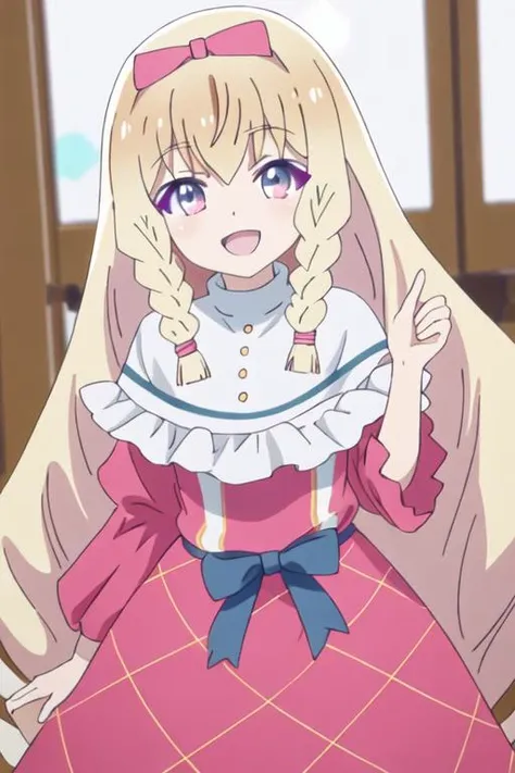 best quality, masterpiece, highres, solo, {noire_foschurose_kumakumakumabear:1.15}, blonde_hair, long_hair, braid, bow, hair_bow, bangs, twin_braids, purple_eyes, smile, blush, open_mouth