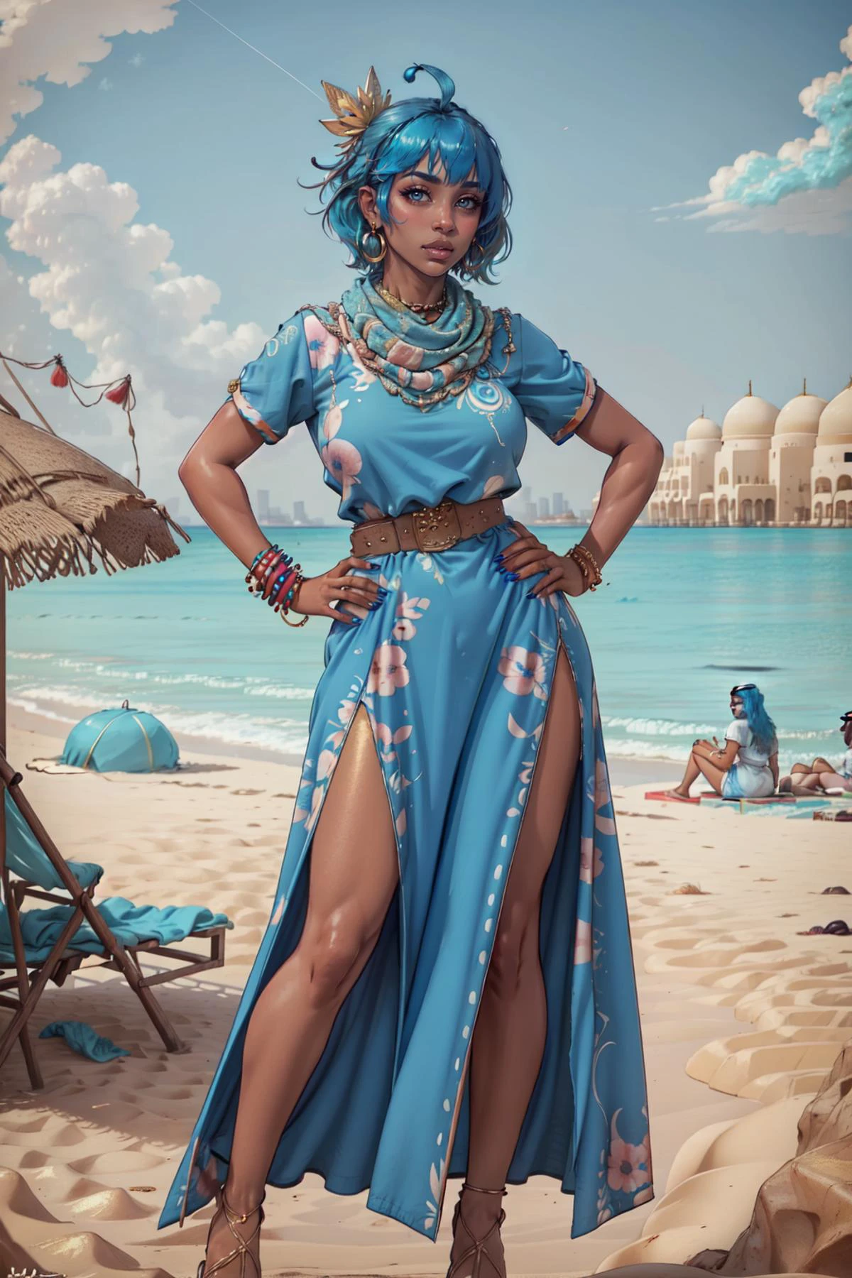 1girl, solo, breasts,((Arabic, arab, middle eastern, ((blue hair)))), (tan), ((Bedouin clothes)), looking at viewer, blush, (long hair), bangs, shirt, hair ornament, dress, brown eyes, jewelry, medium breasts, standing, white shirt, ahoge, short sleeves, earrings, outdoors, parted lips, sky, day, shiny, belt, cloud, dark skin, water, dark-skinned female, blue sky, lips, fingernails, hand on hip, shiny skin, covered navel, blue dress, ocean, beach, short dress,<lora:Moroccan_Caftan:0.6>,
(((Arabic beach, Dubai)),
(masterpiece, best quality)