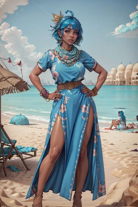 1girl, solo, breasts,((Arabic, arab, middle eastern, ((blue hair)))), (tan), ((Bedouin clothes)), looking at viewer, blush, (long hair), bangs, shirt, hair ornament, dress, brown eyes, jewelry, medium breasts, standing, white shirt, ahoge, short sleeves, earrings, outdoors, parted lips, sky, day, shiny, belt, cloud, dark skin, water,  dark-skinned female, blue sky, lips, fingernails, hand on hip, shiny skin, covered navel, blue dress, ocean, beach, short dress,<lora:Moroccan_Caftan:0.6>,
(((Arabic beach, Dubai)),
(masterpiece, best quality)