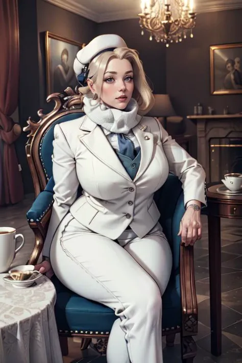 (masterpiece, best quality, symmetrical design, 16k resolution, victorian interior aesthetic, detailed, intricate), 1girl, sitting on a throne, <lora:WomanBusinessSuit_v10:1> white business suit, vest, <lora:Melony:1> melonyms, Scarf, Plump, Hat, Mature female