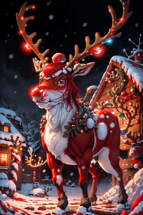 ((((red nose reindeer, rudolph_the_red_nosed_reindeer, red nose, red_reindeer, glowing red nose)))), snow, north pole, Santa's workshop