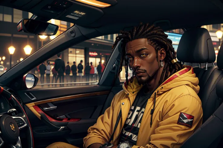 solo, long hair, looking at viewer, gold eyes, black hair, 1boy, sitting, jacket, cornrows, male focus, dark skin, hood, closed mouth, facial hair, dark-skinned male, hood down, driving, motor vehicle, watch, car, wristwatch, yellow jacket, dreadlocks, car interior, luxury car, lambo,
(((Atlanta, city))),
(masterpiece, best quality)