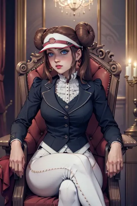 (masterpiece, best quality, 16k resolution, victorian interior aesthetic, detailed, intricate), 1girl, sitting on a throne <lora:rosa_v2:1> rosa pokemon, blue eyes, brown hair, long hair, twintails, double bun, visor cap <lora:WomanBusinessSuit_v10:1> white business suit, vest