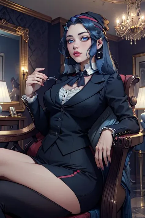 (masterpiece, best quality, symmetrical design, 16k resolution, victorian interior aesthetic, detailed, intricate), 1girl, sitting on a throne, <lora:WomanBusinessSuit_v10:1> black business suit, vest, <lora:dawn_v2:0.8> dawn pokemon, long hair, blue eyes\, dark blue hair\, beanie, hairpin