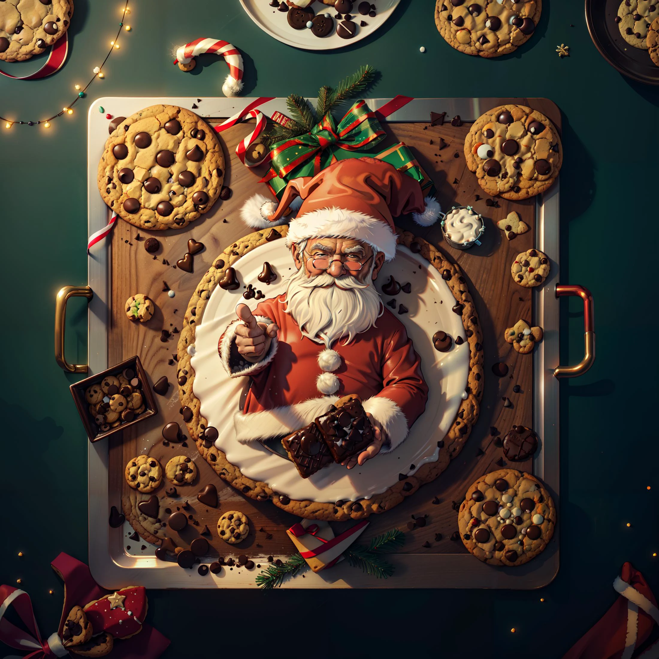 Top down, top down view, (circular cookie dish, circular metal food tray), (many cookies), chocolate chip cookies, (Christmas cookies), warm milk, christmas decorations, dark oak tabletop, ((Santa shaped cookie))