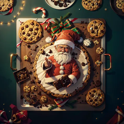 Top down, top down view,  (circular cookie dish, circular metal food tray), (many cookies), chocolate chip cookies, (Christmas cookies), warm milk, christmas decorations, dark oak tabletop, ((Santa shaped cookie))