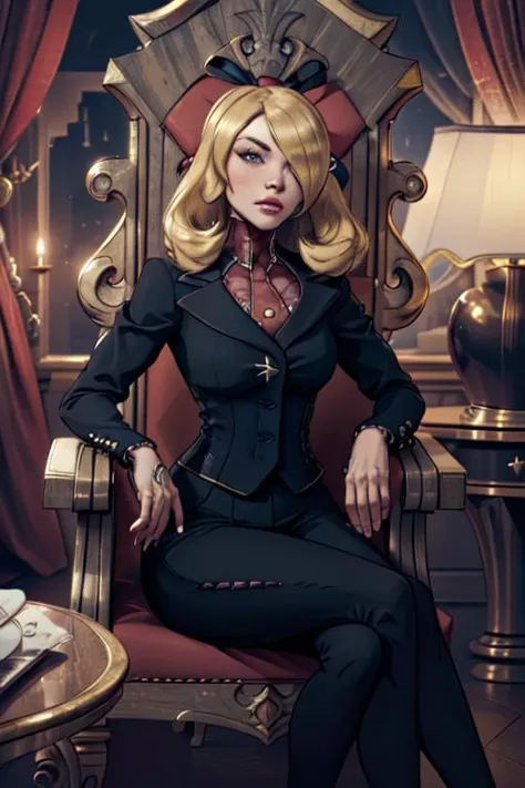 (masterpiece, best quality, symmetrical design, 16k resolution, victorian interior aesthetic, detailed, intricate), 1girl, sitting on a throne, <lora:WomanBusinessSuit_v10:1> black business suit, vest, <lora:pkmncynthia-nvwls-v1:1> sygCynthia, hair over one eye, hair bun, hairband