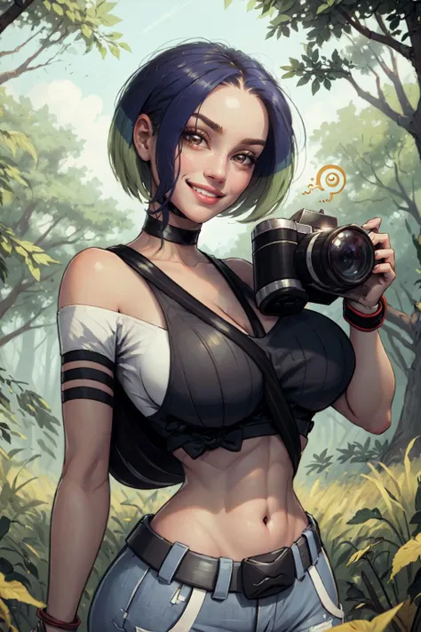 (masterpiece, best quality:1.2), solo, 1girl, perrin, smile, looking at viewer, holding camera, crop top, pants, choker, belt, midriff, 
((gigantic breasts)),
<lora:pokemon_perrin:0.9>, 
open field, forest