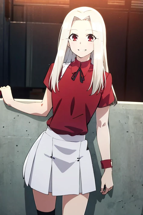 <lora:Prisma_CAT_Lora_v1:0.8>, ((masterpiece,best quality)), absurdres, <lora:Irisviel_von_Einzbern_Combined:0.7>, Irisviel_von_Einzbern, red shirt, white skirt, solo, smiling, looking at viewer, cowboy shot,