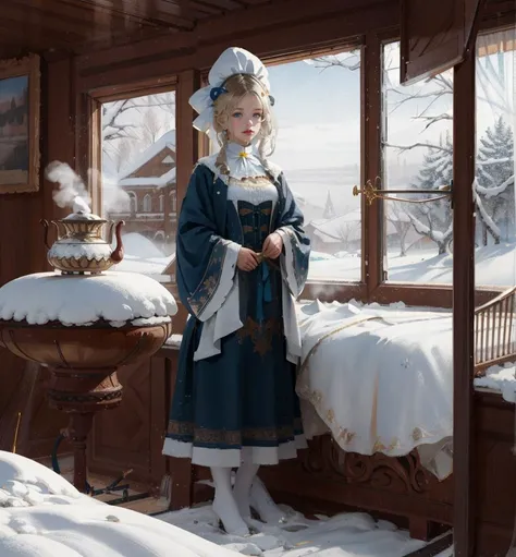 realistic ,Russian Maid (19th Century): A (cute young girl:1.1) with blonde hair, blue eyes, fair skin, tall, wearing a dark-colored dress, often long-sleeved and full-length, combined with a white apron, and occasionally a small cap or headscarf, (stockings:1.1). Amidst the opulence of a Tsarist dacha, with ornate woodwork, rich tapestries, a samovar steaming in the corner, against the backdrop of a snow-covered landscape viewed through a frost-laced window. clpstyle<lora:clpstyle-000033:0.85>