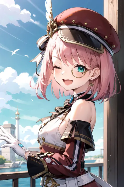 masterpiece, best quality, <lora:Charlotte-v2:1>,1girl,smile, camera,pink hair, solo, hat, gloves, sketch, holding, red headwear, thigh strap, looking to the side, blue eyes, grey background, bangs, skirt, beret, simple background, medium hair, red skirt, green eyes, grey gloves, dress, aqua eyes, short hair, white shirt