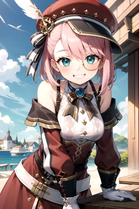 masterpiece, best quality, ultra-detailed, extremely detailed,illustration, leaning forward, looking at viewer, 1girl, hat, pink hair, gloves, bare shoulders, belt, green eyes, detached sleeves, white shirt, monocle, short hair, jewelry,ribbon, hat feather, blush, smile, grin, medieval, european architecture, blue sky, outdoors, upper body, <lora:Charlotte-v2:1>