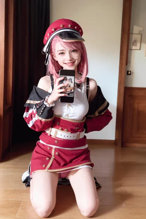 masterpiece, best quality,8K,realistic, High definition, photography, depth of field,HDR, highres,(photoshop \(medium\):1.2) , <lora:Charlotte-v2:1>,
,selfie, phone, taking picture, kneeling, cellphone, holding, smartphone, kneehighs, camera, indoors, holding phone, meme, sitting,20yo,
(clothes lift, skirt lift, dress lift, lifted by self, red panties,panties,:1.2),
smile,1girl,hat,pink hair,white shirt,bare shoulders, long sleeves, thigh gap, skirt,red jacket,belt,ribbon,sleeveless shirt, frills,