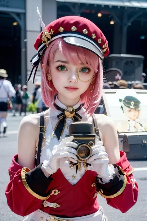 masterpiece, best quality,indoors, <lora:charlotte-v1:0.8>, <lora:cp29:0.4>,(crowd:1.4),cosplay,1girl, pink hair, hat, camera,holding camera,solo, gloves, green eyes, white gloves, holding, red headwear, smile, bare shoulders, bangs, looking at viewer, detached sleeves, :d, long sleeves, ribbon, white shirt, upper body, beret, virtual youtuber, sleeveless, medium hair, shirt, sparkle, blush, cabbie hat, monocle, short hair, sleeveless shirt,