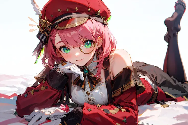(masterpiece, best quality:1.2), solo, smile, lying, on stomach, 1girl, charlotte, hat, medium_hair, monocle, pink_hair, solo, green_eyes, gloves, red_jacket, long_sleeves, off_shoulder, shirt,
<lora:charlotte-v1_kozue:0.7>