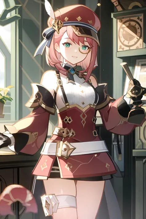 masterpiece, best quality, <lora:charlotte02:0.7>,<lora:gmstyle:1.4>,1girl,smile, hat, pink hair, gloves, bare shoulders, belt, green eyes,thigh strap, detached sleeves, white shirt, monocle, short hair, jewelry,ribbon, hat feather, holding camera