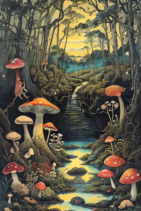 masterpiece,best quality,<lora:tbh179-:1>,illustration,style of David Welker,Swamp, mushroom, snail