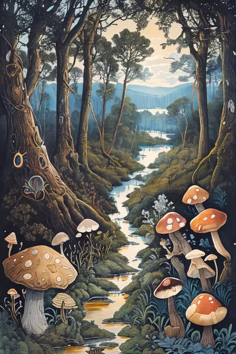 masterpiece,best quality,<lora:tbh179-:1>,illustration,style of David Welker,Swamp, mushroom, snail