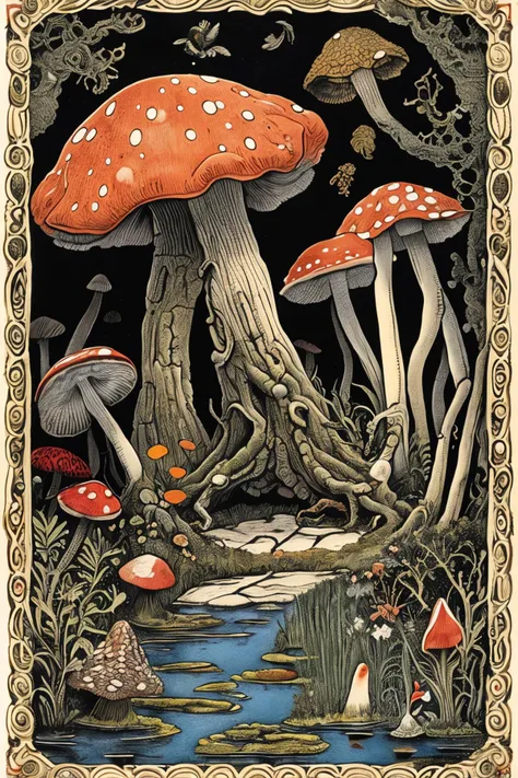 masterpiece,best quality,<lora:tbh179-:1>,illustration,style of David Welker,Swamp, mushroom, snail