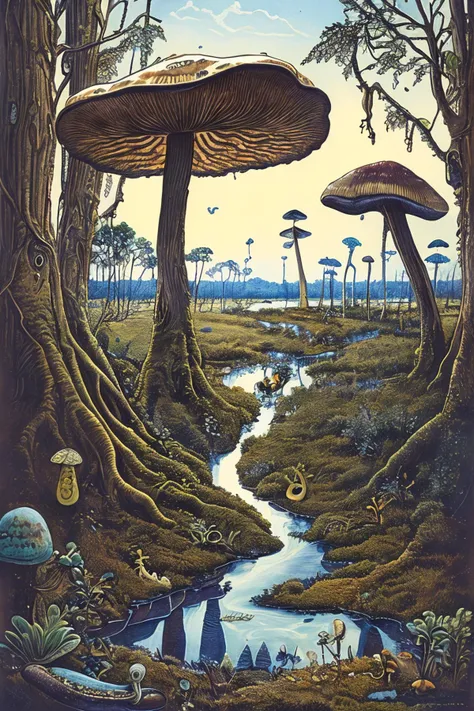 masterpiece,best quality,<lora:tbh179-:1>,illustration,style of David Welker,Swamp, mushroom, snail