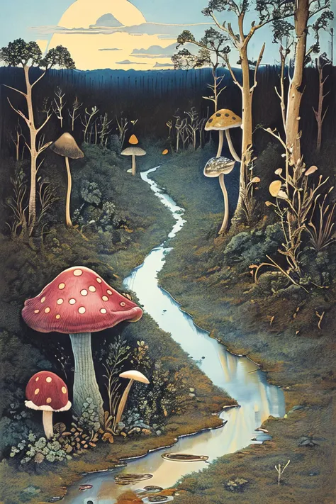 masterpiece,best quality,<lora:tbh179-:1>,illustration,style of David Welker,Swamp, mushroom, snail