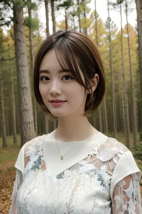 1girl,(wearing autumn outfit by GUCCI:1.2),(RAW photo, best quality), (realistic, photo-realistic:1.4), masterpiece, an extremely delicate and beautiful, extremely detailed, 2k wallpaper, Amazing, finely detail, extremely detailed CG unity 8k wallpaper, ultra-detailed, highres, soft light, beautiful detailed girl, extremely detailed eyes and face, beautiful detailed nose, beautiful detailed eyes,cinematic lighting,(in a beautiful forest of pine trees at a Japanese countryside),autumn scenery,sunlight,perfect anatomy,slender body, <lora:setoasami_lora:0.8>,(short hair),(smiling)