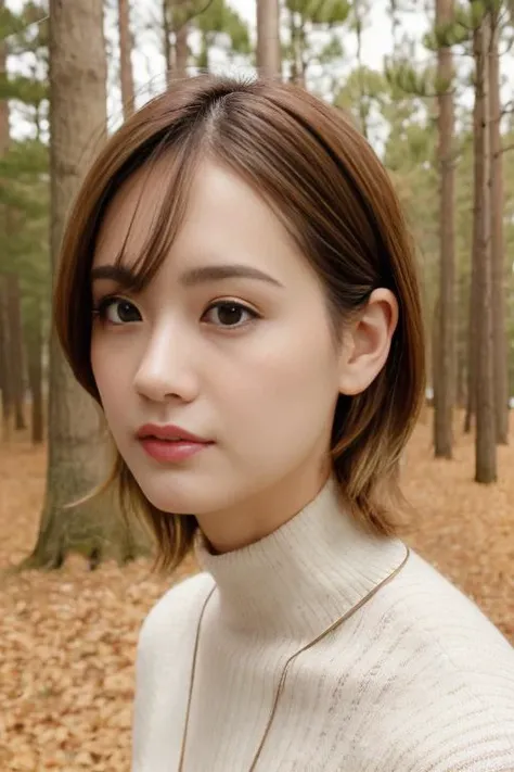 1girl,(wearing autumn outfit by Earth Music and Ecology Brand:1.2),(RAW photo, best quality), (realistic, photo-realistic:1.4), masterpiece, an extremely delicate and beautiful, extremely detailed, 2k wallpaper, Amazing, finely detail, extremely detailed CG unity 8k wallpaper, ultra-detailed, highres, soft light, beautiful detailed girl, extremely detailed eyes and face, beautiful detailed nose, beautiful detailed eyes,cinematic lighting,(in a beautiful forest of pine trees at a Japanese countryside),autumn scenery,sunlight,perfect anatomy,slender body, <lora:setoasami_lora:0.8>,(short hair)
