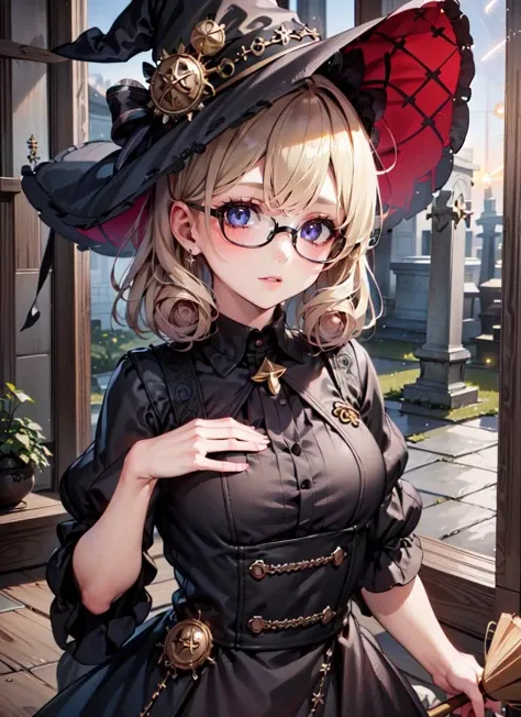 ((best quality)), ((highly detailed)), absurdres, extremely detailed face, beautiful face, (detailed eyes, deep eyes), (1girl), (glasses), dynamic pose, upper body, <lora:rolled_lob-1.0:.9>, rolled lob hairstyle, witch, witch hat, broom, (outside, in a mausoleum, twilight, shooting star, sunnyday)
