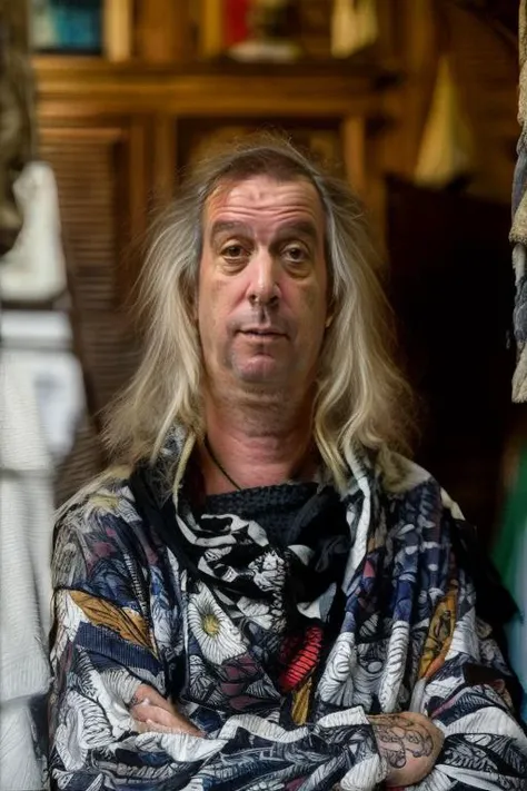 (best quality), (masterpiece), (detailed), photo of sks man (CAPUSOTTO:1) dressed like a hippie with tattoos, 4k, 8k, high detailed face <lora:CAPUSOTTO:1>