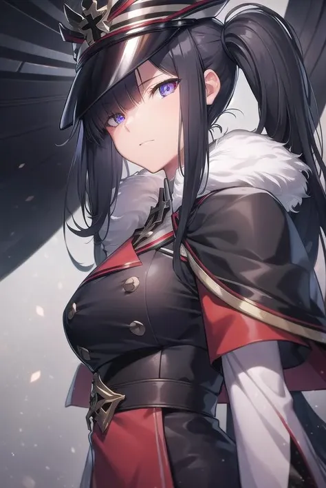 Japanese sword、Samurai sword、whole body、White one-piece military uniform、 Jet black hair,(Tabletop:1.2, highest quality), (Beautiful, detailed eyes: 1.2), (Detailed Background,Dark fantasy), (Beautifully detailed face), High Contrast, (Best lighting, Very delicate and beautiful), ((Cinematic Light)), colorful, Hyper Detail, Dramatic Light, Intricate details,とてもblue eyes, Shining Eyes, Long hair blowing in the wind、Big ample breasts、Belt under the chest、White military uniform, Skirt, Big ample breasts, Long hair blowing in the wind, sword, Jet black hair, blue eyes, Black tie, Belt under the chest, 真swordな表情,