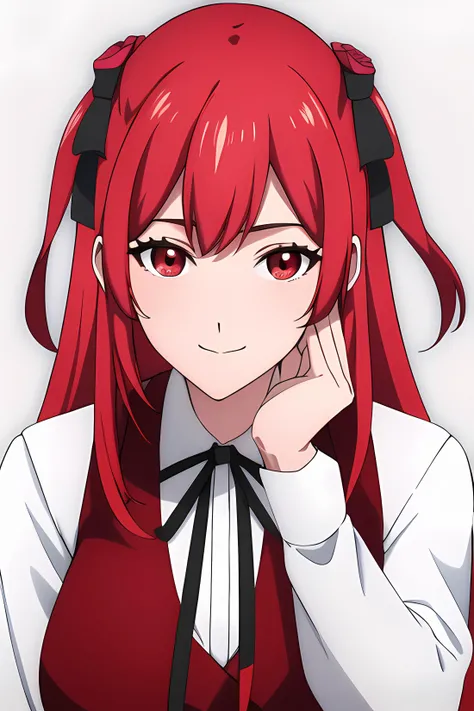 ((masterpiece, best quality)),1girl,outdoors,standing, amelia rose,  red_eyes, red_hair, lack_skirt,long hair ,rose,hair_between_eyes, (black bow),thighhighs, breasts, cowboy_shot, long_sleeves, looking_at_viewer, pleated_skirt,red_jacket,((red_vest)), ribbon, school_uniform, shirt, skirt, solo,white_shirt smile, solo,,extremely detailed CG unity 8k wallpaper, perfect lighting,Colorful, Bright_Front_face_Lighting,White skin, (masterpiece:1.0),(best_quality:1.0), ultra high res,4K,ultra-detailed, photography, 8K, HDR, highres, absurdres:1.2, Kodak portra 400, film grain, blurry background, bokeh:1.2, lens flare, (vibrant_color:1.2),professional photograph,(Beautiful,medium_Breasts), (beautiful_face:1.5),(narrow_waist),Beautiful Finger,Beautiful long legs,Beautiful body,Beautiful Nose,Beautiful character design, perfect face,perfect balance,
