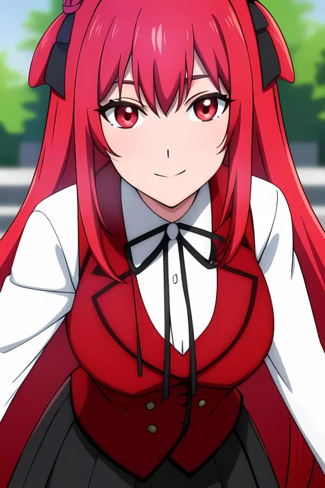((masterpiece, best quality)),1girl,outdoors,standing, amelia rose, red_eyes, red_hair, lack_skirt,long hair ,rose,hair_between_eyes, (black bow),thighhighs, breasts, cowboy_shot, long_sleeves, looking_at_viewer, pleated_skirt,red_jacket,((red_vest)), ribbon, school_uniform, shirt, skirt, solo,white_shirt smile, solo,,extremely detailed CG unity 8k wallpaper, perfect lighting,Colorful, Bright_Front_face_Lighting,White skin, (masterpiece:1.0),(best_quality:1.0), ultra high res,4K,ultra-detailed, photography, 8K, HDR, highres, absurdres:1.2, Kodak portra 400, film grain, blurry background, bokeh:1.2, lens flare, (vibrant_color:1.2),professional photograph,(Beautiful,medium_Breasts), (beautiful_face:1.5),(narrow_waist),Beautiful Finger,Beautiful long legs,Beautiful body,Beautiful Nose,Beautiful character design, perfect face,perfect balance,