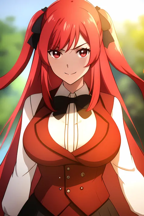 ((masterpiece, best quality)),1girl,outdoors,,standing, amelia rose, red_eyes, red_hair, lack_skirt,long hair ,hair_between_eyes, (black bow)BREAK, breasts, cowboy_shot, long_sleeves, looking_at_viewer, pleated_skirt,red_jacket,((red_vest)), ribbon, school_uniform, shirt, skirt, solo,white_shirt smile, solo,,extremely detailed CG unity 8k wallpaper, perfect lighting,Colorful, Bright_Front_face_Lighting,White skin, (masterpiece:1.0),(best_quality:1.0), ultra high res,4K,ultra-detailed, photography, 8K, HDR, highres, absurdres:1.2, Kodak portra 400, film grain, blurry background, bokeh:1.2, lens flare, (vibrant_color:1.2),professional photograph,(Beautiful,medium_Breasts), (beautiful_face:1.5),(narrow_waist),Beautiful Finger,Beautiful long legs,Beautiful body,Beautiful Nose,Beautiful character design, perfect face,perfect balance,
