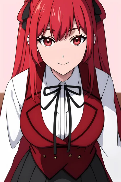 ((masterpiece, best quality)),1girl,outdoors,standing, amelia rose, red_eyes, red_hair, lack_skirt,long hair ,rose,hair_between_eyes, (black bow),thighhighs, breasts, cowboy_shot, long_sleeves, looking_at_viewer, pleated_skirt,red_jacket,((red_vest)), ribbon, school_uniform, shirt, skirt, solo,white_shirt smile, solo,,extremely detailed CG unity 8k wallpaper, perfect lighting,Colorful, Bright_Front_face_Lighting,White skin, (masterpiece:1.0),(best_quality:1.0), ultra high res,4K,ultra-detailed, photography, 8K, HDR, highres, absurdres:1.2, Kodak portra 400, film grain, blurry background, bokeh:1.2, lens flare, (vibrant_color:1.2),professional photograph,(Beautiful,medium_Breasts), (beautiful_face:1.5),(narrow_waist),Beautiful Finger,Beautiful long legs,Beautiful body,Beautiful Nose,Beautiful character design, perfect face,perfect balance,