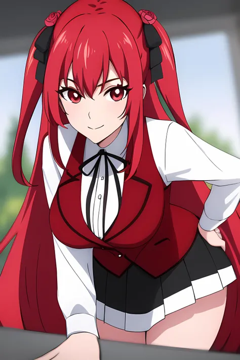((masterpiece, best quality)),1girl,outdoors,standing, amelia rose, red_eyes, red_hair, lack_skirt,long hair ,rose,hair_between_eyes, (black bow),thighhighs, breasts, cowboy_shot, long_sleeves, looking_at_viewer, pleated_skirt,red_jacket,((red_vest)), ribbon, school_uniform, shirt, skirt, solo,white_shirt smile, solo,,extremely detailed CG unity 8k wallpaper, perfect lighting,Colorful, Bright_Front_face_Lighting,White skin, (masterpiece:1.0),(best_quality:1.0), ultra high res,4K,ultra-detailed, photography, 8K, HDR, highres, absurdres:1.2, Kodak portra 400, film grain, blurry background, bokeh:1.2, lens flare, (vibrant_color:1.2),professional photograph,(Beautiful,medium_Breasts), (beautiful_face:1.5),(narrow_waist),Beautiful Finger,Beautiful long legs,Beautiful body,Beautiful Nose,Beautiful character design, perfect face,perfect balance,