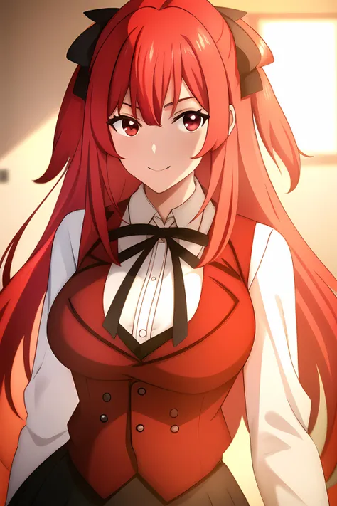 ((masterpiece, best quality)),1girl,outdoors,,standing, amelia rose,  red_eyes, red_hair, lack_skirt, hair_between_eyes, (black bow)BREAK, breasts, cowboy_shot, long_sleeves, looking_at_viewer, pleated_skirt,red_jacket,((red_vest)), ribbon, school_uniform, shirt, skirt, solo,white_shirt smile, solo,,extremely detailed CG unity 8k wallpaper, perfect lighting,Colorful, Bright_Front_face_Lighting,White skin, (masterpiece:1.0),(best_quality:1.0), ultra high res,4K,ultra-detailed, photography, 8K, HDR, highres, absurdres:1.2, Kodak portra 400, film grain, blurry background, bokeh:1.2, lens flare, (vibrant_color:1.2),professional photograph,(Beautiful,medium_Breasts), (beautiful_face:1.5),(narrow_waist),Beautiful Finger,Beautiful long legs,Beautiful body,Beautiful Nose,Beautiful character design, perfect face,perfect balance,