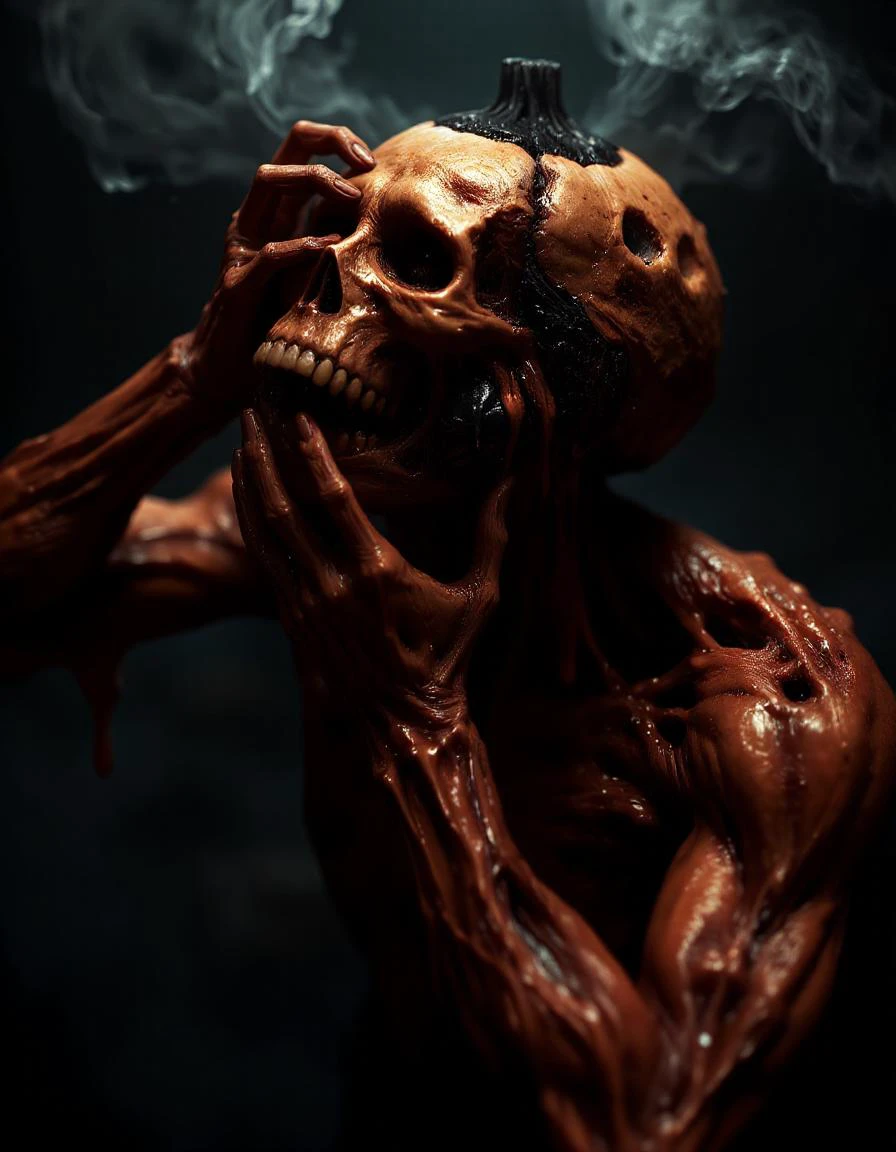 The image shows a moody, ethereal scene set in a misty, dimly-lit, The color scheme of the image is predominantly muted and desaturated, with cool tones of misty greys, blues, and greens.
the two tone colors, harsh shadows texture, (eyes reflection:1.5) (There is thick red disgusting goo, lyrupy sludge leaking from the holes's. Gross drooling blood goo:1.4).
close-up ( side portrait, look up, from above:1.5) of a (cracked, fissured and juicy, mucus:1.6) tilted pumpkin head man, (melted, dripping juice comes out of every holes:1.8) orange skin, (pumpkin skin:1.2),
(this man is going crazy, it's madness,:1.6) (lot of smoke come out of a hole in his head) it's a nightmare
dripping, (realistic detailed eyes, tears:1.5) (fusion between body, hands and pumpkin)
(he grabs his head with both despairing hands:1.8) bald skull, pumpkin stem, ((head tilted back:1.4)) detailed PBR texture
(dynamic pose, dynamic angle:1) Masterpiece 64k profesionnal photography cinematic composition, vignetting
(melted body, dripping skin:1.8)
(lit by moonlight:1.3)
<lora:flux-drippingcheesestyle:0.1> made out of drippingcheese
<lora:Eerie_Ghoulish_Style_:0.4>
<lora:Toy_Camera_Flux:0.3>
<lora:Disgustor:0.6> disgusting, (TRYPOPHOBIA:1)
<lora:dark_fantasy_flux:0.4>
<lora:Blood_And_Gore-Flux-V1_0:0.7> made of blood and gore
<lora:!!Midjourney Image Enhancer Ultra-FUX-V1:0.5>, Cinematic photography, movie mood, cinematic light, compelling composition, storytelling elements, conveys emotion, mood, and narrative depth, creating visually striking images that feel like still frames from a filmâââ