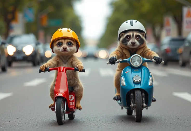 A cute meerkat and a racoon, one wearing yellow helmet and red scooter and the other in a white helmet riding a blue scooter on the street, both are racing on a busy street, photo-realistic photography, dressed like humans, high details, 4k, film grain






