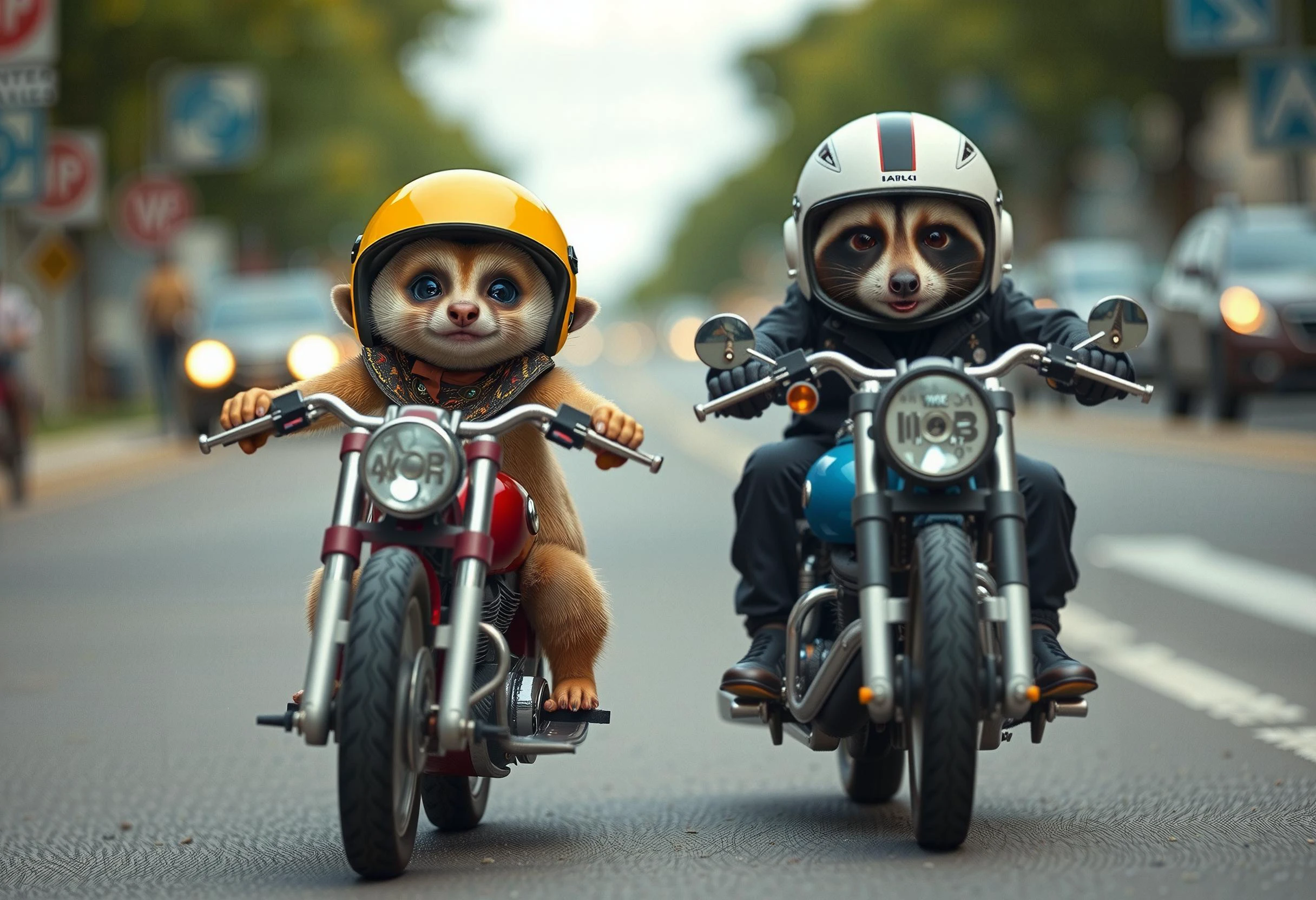 A cute meerkat and a racoon, one wearing yellow helmet and red (harley davidson:1.05) and the other in a white helmet riding a (blue road machine:1.15) on the street, both are racing on a busy street, photo-realistic photography, dressed like humans, high details, 4k, film grain