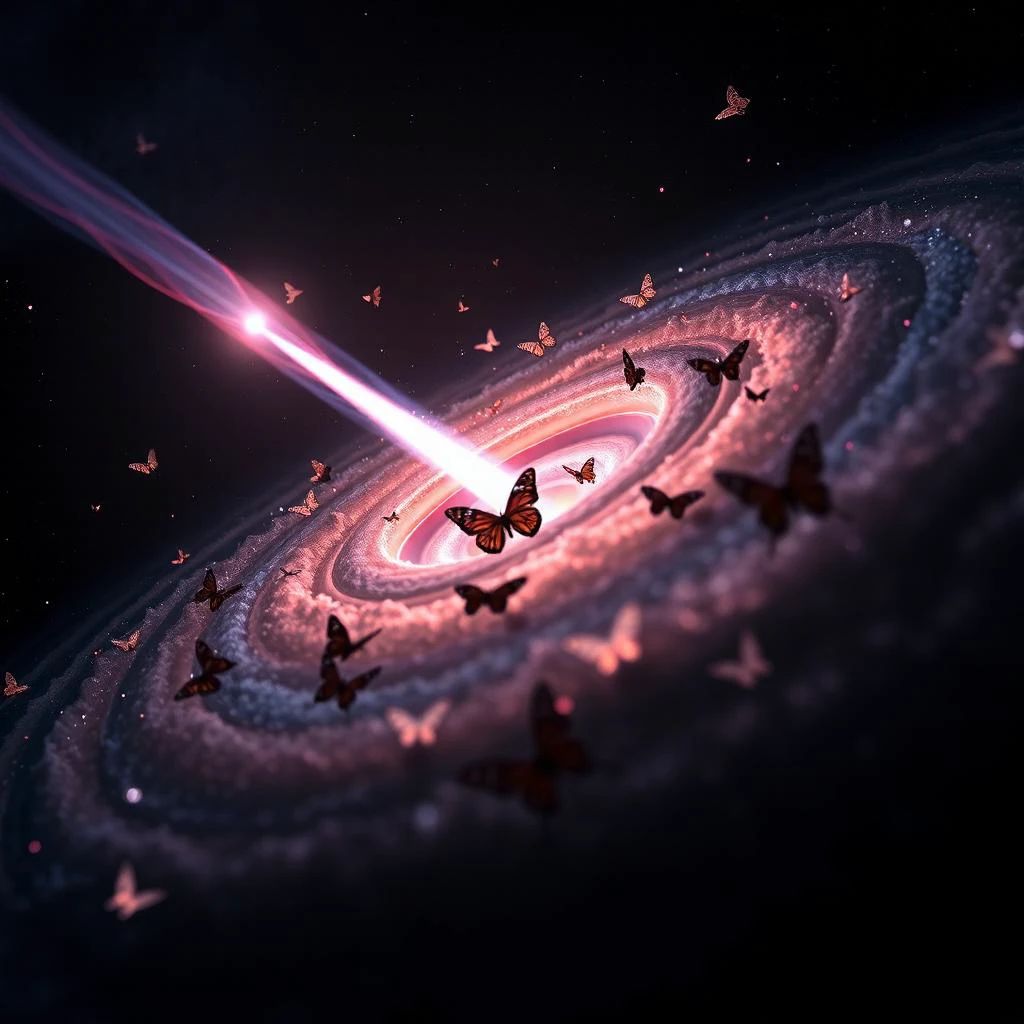 Transparent tiny (butterflies:1.7) take off in a swarm from core of galaxy, RAW-photo, incredible landscape of deep space. On foreground huge quasar in the blackness of deep space. In the orbit of quasar tiny Flaming planet with rings in Relativistic jet ejected from core. There are tiny planets in its orbit burn and melt and cast a long plume of blue-purple flame. Nebulae are visible in the background. NASA panoramic image in color. Ultra HD 4K wallpapers for PC desktop. Epic breathtaking view on nebula and sparkling stars. Ultra-HD-realistic, epic-Ultra-HD-highlights, 32K Uhd, 64K, Distinct Foreground and Background, dramatic lighting, Soft shadows, Glowing ambiance, Chiaroscuro Lighting, cloud of interstellar dust and gas, high energy telescope,