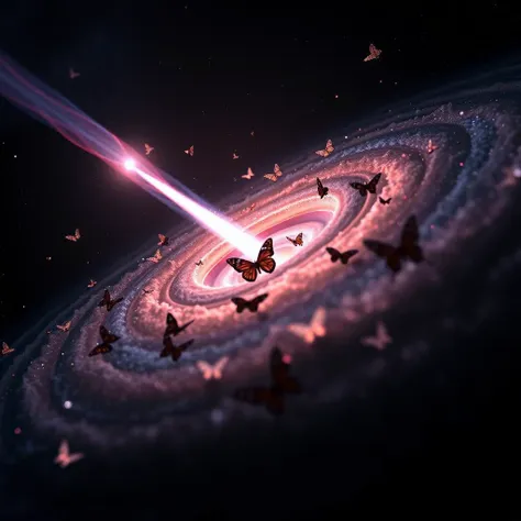 Transparent tiny (butterflies:1.7) take off in a swarm from core of galaxy, RAW-photo, incredible landscape of deep space. On foreground  huge quasar in the blackness of deep space. In the orbit of quasar tiny Flaming planet with rings in Relativistic jet ejected from core. There are tiny planets in its orbit burn and melt and cast a long plume of blue-purple flame. Nebulae are visible in the background. NASA panoramic image in color. Ultra HD 4K wallpapers for PC desktop. Epic breathtaking view on nebula and sparkling stars. Ultra-HD-realistic, epic-Ultra-HD-highlights, 32K Uhd, 64K, Distinct Foreground and Background, dramatic lighting, Soft shadows, Glowing ambiance, Chiaroscuro Lighting, cloud of interstellar dust and gas, high energy telescope, 