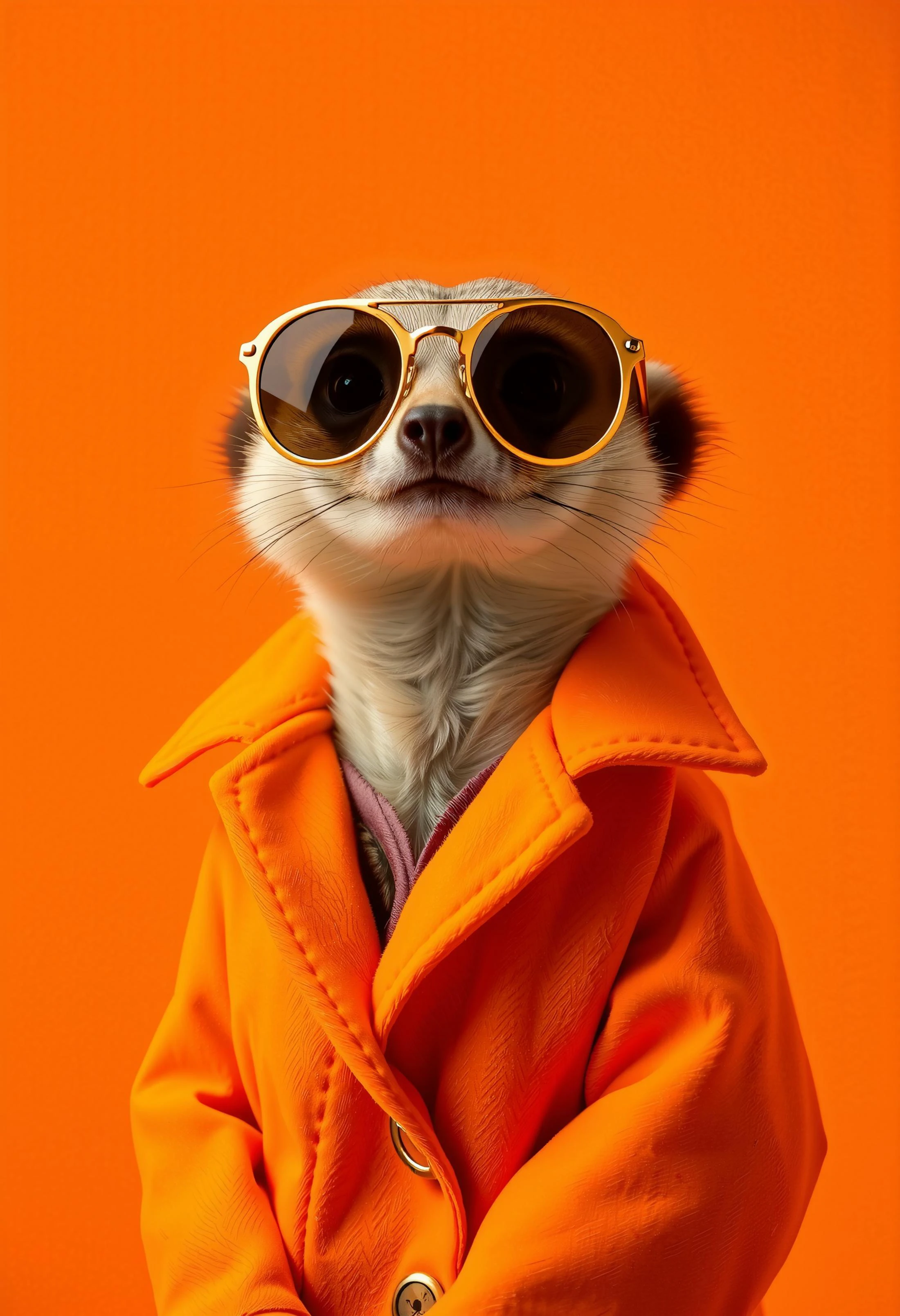 The best mobile wallpaper, Award-winning wallpaper, Portrait Photography, In front view is a portrait of a cute meerkat wearing 1960s mid-century space-age fashion, Side view shot, Shot with Canon EOS R5, Setting a stark contrast that accentuates the subject, Fluorescent orange shade, Wearing a very fashionable lounge coat and sunglasses are a hip 1960s style, Clothing all in one color, Beautiful background