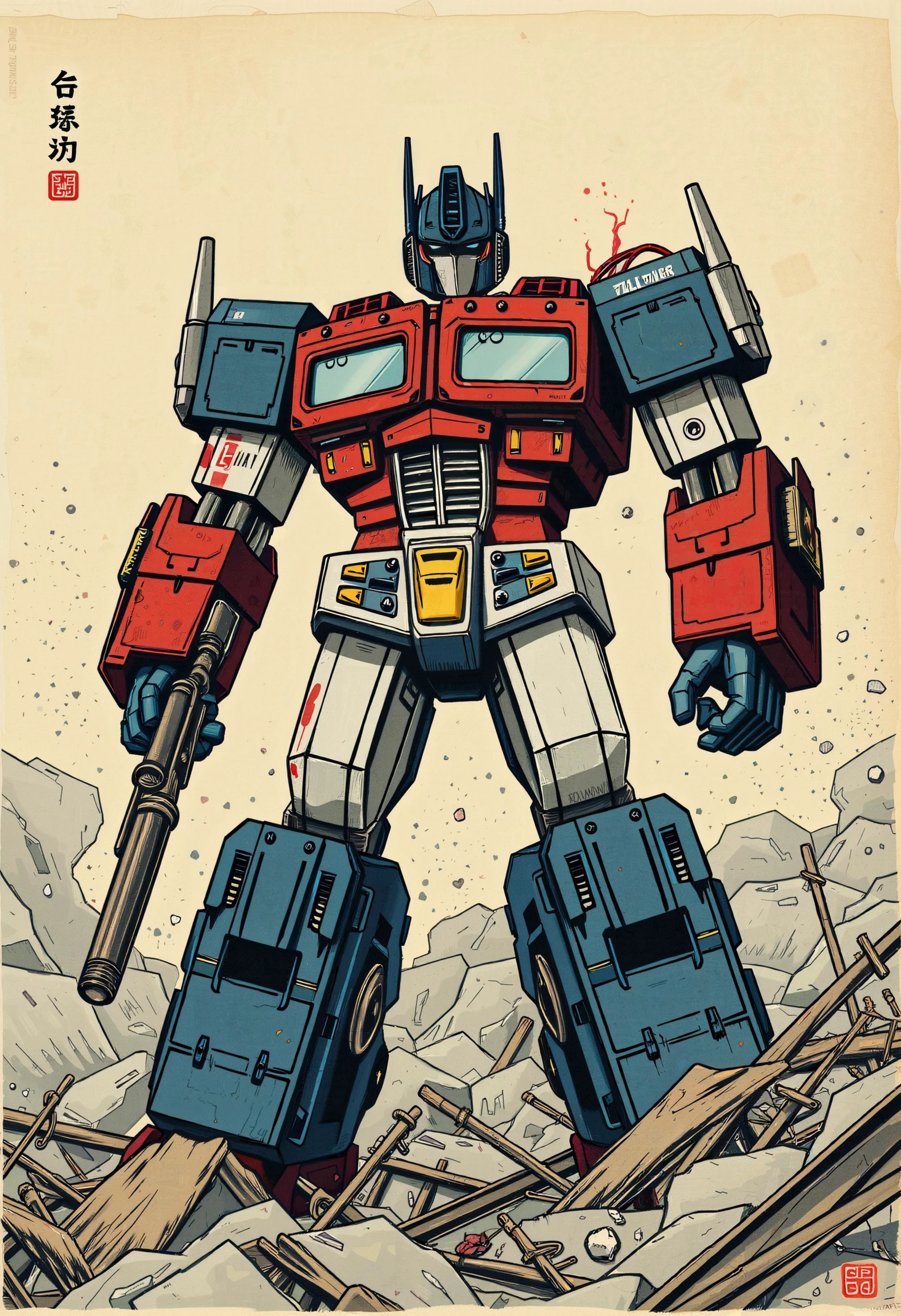 Optimus prime after winning a battle. in the style of Hokusai. Weary survivor. Battle worn. Survivor.