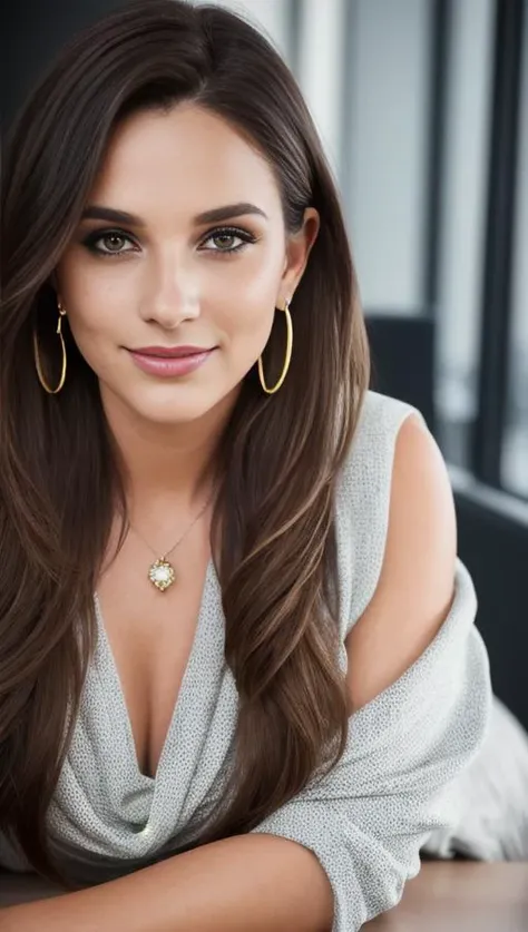 a beautiful Swedish female office worker with long brown hair and large earrings is dressed in a sarong and sneakers, very light freckles, jewelry, gorgeous, stunning, beauty, model, seductive, flirty smile, heavy glamorous make-up, Detailed clothes, flowing hair, determined expression, shiny glossy skin, subsurface scattering, (sharp:0.7), amazing fine detail, rich colors, lifelike texture, dramatic lighting, dynamic composition, unreal engine, trending on ArtStation, cinestill 800 tungsten
