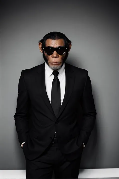 (analog photo) of a chimp wearing a black suit with a white shirt and black necktie and wearing black Rayban style sunglasses, masterpiece, Fine art photography, award winning photography