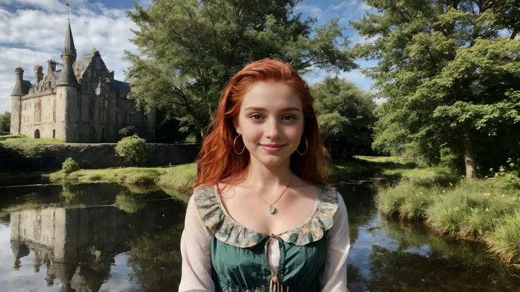 (irish girl)1.3, photo portrait, (18 years old):1.3, curly hair, celtic theme, ireland, irish landscape forest, (irish castle), (pond, ripples reflections):0.4, fine art photography, Fujifilm XT-4 Viltrox, medium shot, standing, happy smile, (green) aran irish clothes, miniskirt, celtic brooch, necklace, brilliant earrings, (clovers), extremely detailed, erik almas, best quality, hdr, cinematic lut, sharp focus, textured skin, skin pores, film grain, (pretty, beautiful, attractive, cheerful, lovely, sweet, cute, feminine, in love, romantic, loving, adorable, innocent, tender):0.3, (bright sunny sky, (redhead, freckles):0.5 <lora:Detail Tweaker LoRA add_detail:0.7> <lora:depth_of_field_slider_v1:7>